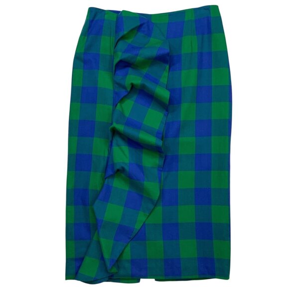 TOV Ruffle Plaid Skirts 40 US/M Blue Green Pencil Straight Midi Heritage Fall - Picture 14 of 14